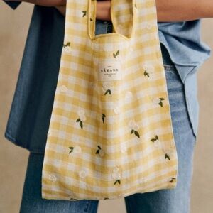 Sézane yellow/ cream embroidered linen shopper tote bag. NEW w Tag 40$